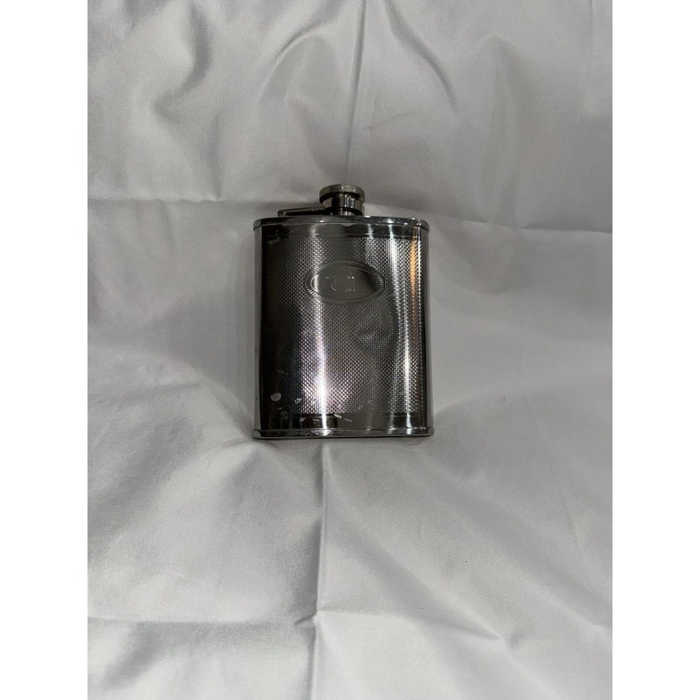Stainless Steel 6 oz Basket Weave Pattern Hip Flask Silver Engraved TM Vintage